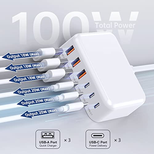 100W 6 in 1 USB Charger, 50% Smaller Charging Station for Multiple Devices - color: A-White