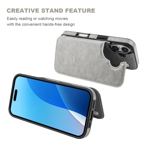 ONETOP for iPhone 16 Wallet Case with Credit Card Holder,Gray | Kickstand,ID/Cash Holder,Case Wallet with Card Slots,Double Magnetic Clasp,Durable PU Leather Shockproof Cover for Women Men - color: Gray
