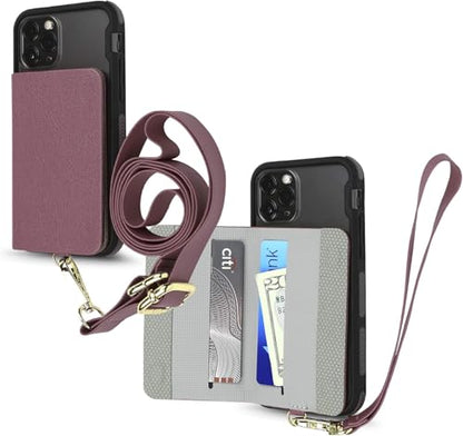 Cell Phone and Credit Card Holder with Crossbody and Wrist Straps, Stick-On Wallet w/RFID Protection Multiple Card Slots Transparent ID Pocket - color: Burgundy