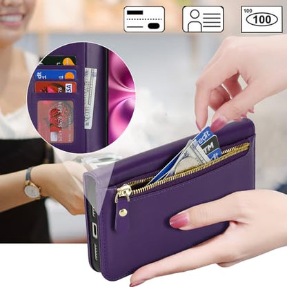 Ｈａｖａｙａ for iPhone 16 case Wallet with Card Holder Zipper for Women Men PU Leather Flip Folio Credit Card Slots Stand Shockproof Phone Cover(6.1")-Deep Purple - color: Deep Purple-A