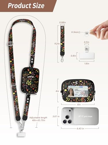 Clip and Go Strap for Phone with Wallet Crossbody Lanyard Bloom - color: Flowers Black