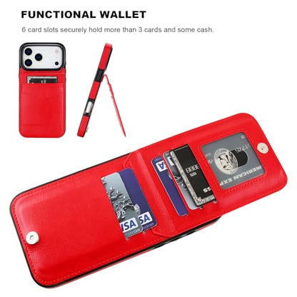 KIHUWEY for iPhone 17 Pro Max Wallet Case Card Holder Kickstand, Red | Credit Card Slots, PU Leather, Magnetic Clasp, Flip Heavy Duty Protection Cover for Men - color: Red