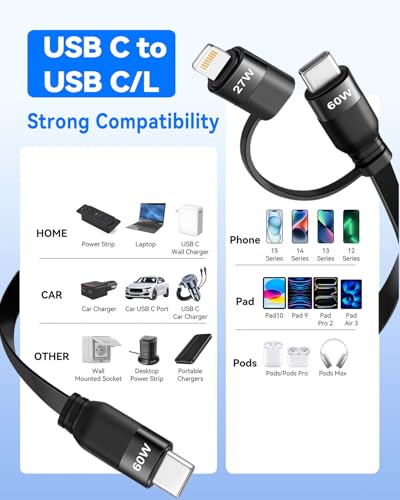 2 in 1 Retractable USB C Cable,Fast Charging Data Sync Cord, 60W