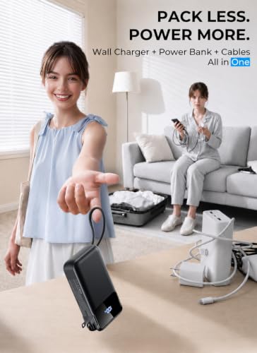 Portable Charger 50000mAh, Power Bank with Built-in Cables & Wall Plug - color: Blue