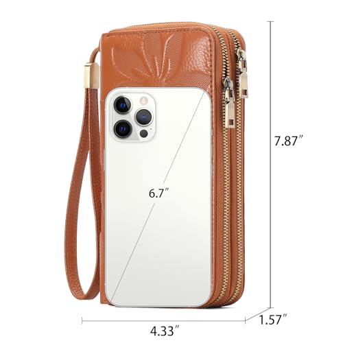 GAEKEAO RFID Leather Wristlet Wallet for Women with Grip Strap | Large capacity clutch wallet, credit card holder, wrist strap, zipper purse, travel and shopping - color: A11 Embossed Brown