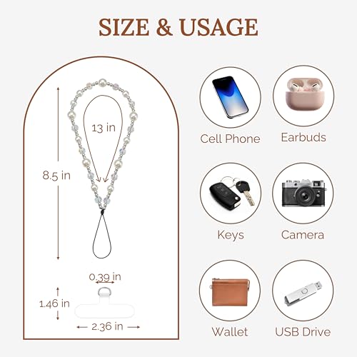 Crystal & Pearl Phone Charm Wrist Strap, Beaded Lanyard Wristlet Chain, Hands-Free Bracelet Strap for Phone Cases - color: Crystal+pearl