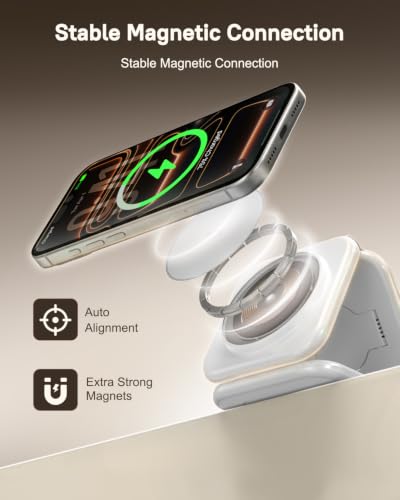 15W Magnetic Travel Charging Station, 3-in-1 Foldable MagSafe Charger - color: White