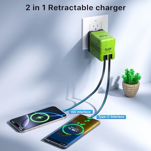 2 in 1 Retractable Gan Wall Charger with Dual Cables, Fast Charging 45W Retractable Phone Charger Wall Plug with 2 Charging Cable, USB C Chargers Block for iPhone 17 16 15 14 13, LG,Pixel - color: Green