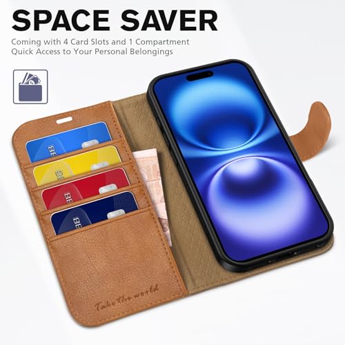 TUCCH Wallet Case for iPhone 16 (6.1") 2024, 4 Card Holders, Light Brown | RFID Blocking, Viewing Stand, Shockproof TPU Shell, PU Leather, Magnetic Closure, Protective Folio Flip Cover - color: Textured Light Brown