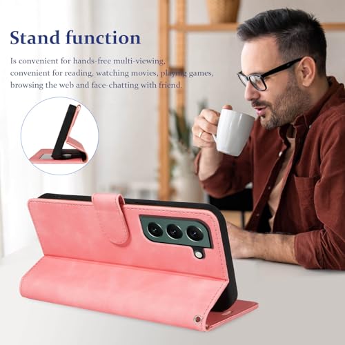 Wallet Case for Galaxy S22, RFID Blocking, 4 Card Slots, Pink | For Samsung Galaxy S22 6.1 inch, PU Leather Flip Cover, Protective TPU Shell, Magnetic Closure, Stand, Wrist Strap - color: Pink