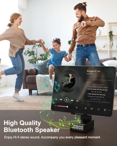 Gifts for Men Cell Phone Stand with Wireless Bluetooth Speaker and Wireless Charger, Phone Charger Stand with Digital Alarm Clock for iPhone, Birthday Gifts for Men,Boyfriend,Dad,Women,Christmas