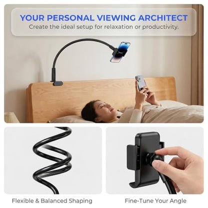 Phone Holder for Bed, Adjustable Stable Metal Cell Stand Mount for Desk Table BedHeadboard, Bed, Bedside, Table, Flexible Long Arm Stand, Overhead Cell Phone Clamp Mount,for All 4-7” Device