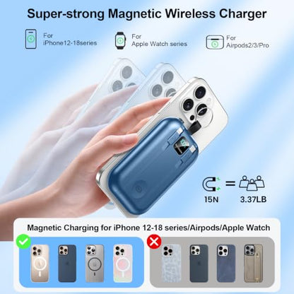 Magnetic Portable Charger 10000mAh Wireless Power Bank with Built-in Cables - color: blue