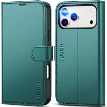 TUCCH Case Wallet for iPhone 17 Pro Max, RFID Blocking Folio, Bluish Green | 4 Card Holders, Kickstand, PU Leather, Magnetic Closure, Shockproof TPU Shell, Protective Flip Cover - color: Bluish Green