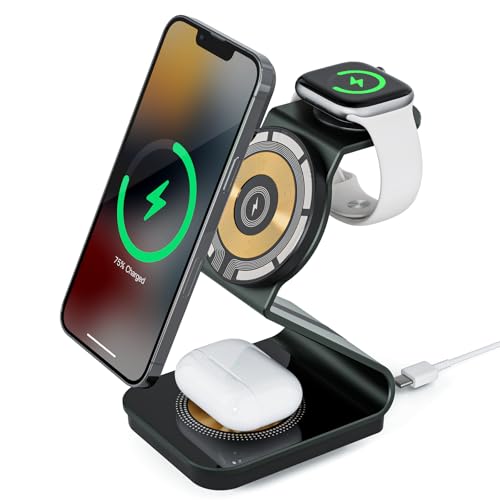 Wireless Cell Phone Charger Station 3 in 1, Magnetic Wireless Fast Phone Charger Dock Stand for iPhone 16/15/14/13/12/Apple Watch/AirPods Pro, 15W USB-C iPhone Wireless Charger, Black