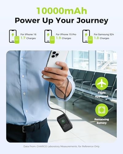 CHARCO Portable Charger Power Bank 10000mAh, 45W Retractable USB‑C Cable