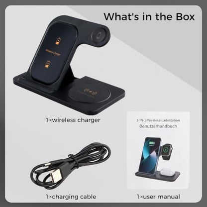 3-in-1 Wireless Charger for Phone, Watch, and Earbuds, 15W Fast Charging Station with Foldable Design for Multi-Device Convenience