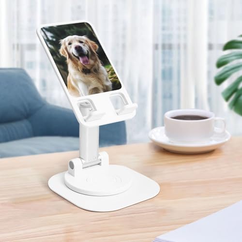 Funny Golden Retriever 360° Rotating Cell Phone Stand Height Angle Adjustable Phone Stand Portable Foldable Desktop Phone Holder Compatible with All Mobile Phones and Tablets - color: White