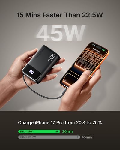INIU Portable Charger, Smaller 45W Fast Charging Power Bank, 20000mAh Black - color: Black, size: 20000mAh