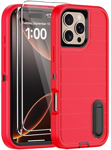 for iPhone 16 Pro Case with Screen Protector,Built-in Invisible Kickstand,Heavy Duty Shockproof Drop Protection Military Grade Tri-Layer Rugged Durable Cell Phone Cover for Apple 16 Pro 6.3"(Red) - color: Red