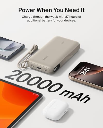 Belkin 20000mAh 20W Power Bank, Digital Display, 2 USB C and USB A Ports - color: Sand, style: 20K mAh