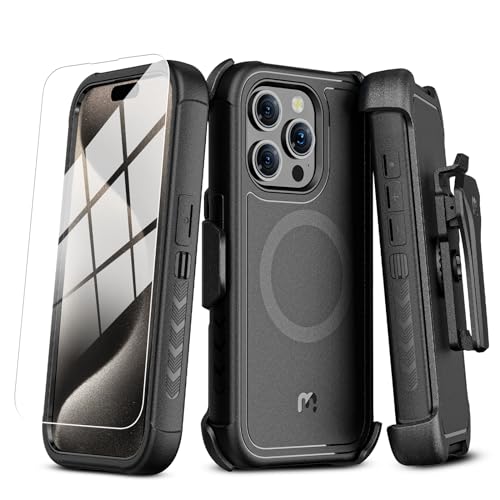 M MYBAT PRO Maverick Series for iPhone 15 Pro Max Case with Belt Clip Holster,[Compatible with Magsafe] w/Screen Protector,Anti-Drop,Shockproof,with 360°Rotating Kickstand,Heavy Duty Protection - color: Black