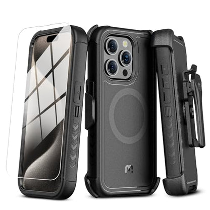 M MYBAT PRO Maverick Series for iPhone 15 Pro Max Case with Belt Clip Holster,[Compatible with Magsafe] w/Screen Protector,Anti-Drop,Shockproof,with 360°Rotating Kickstand,Heavy Duty Protection - color: Black