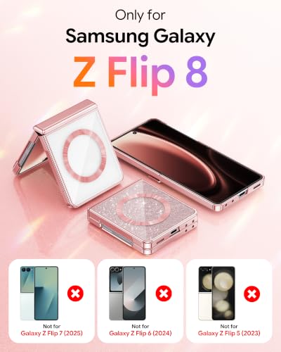 Meifigno for Samsung Galaxy Z Flip 8 Case Compatible with MagSafe,Rose Gold | Raised Camera Protection, Rugged Hinge Protection, Metallic Glossy Plated Edge & Crystal Clear Back, Detachable Glitter Card - color: Rose Gold, size: Z Flip 8