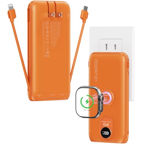 Portable Charger 10000mAh 20W, Wall Plug, 2 Cables, iWatch Charging - color: Vitality Orange