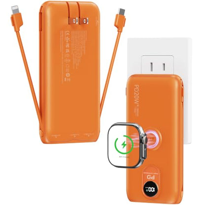 Portable Charger 10000mAh 20W, Wall Plug, 2 Cables, iWatch Charging - color: Vitality Orange