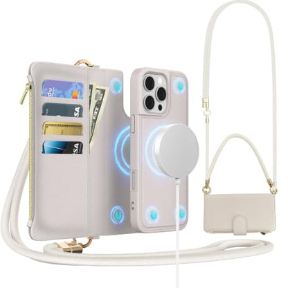 for iPhone 16 Pro 2-in-1 Magnetic Crossbody Wallet Case + Wrist Strap | Wireless Charging After Wallet Removal, Detachable Crossbody/Wrist Straps, Landscape Stand, Card Holder and Zipper Pocket - color: Cream apricot, size: iPhone 16 Pro