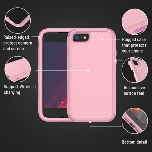 X-belmox Heavy Duty Phone Case for iPhone SE 3rd Generation Drop Proof Pink | with Screen Protector 3 in 1 iPhone SE 2020/2022 Case [Shockproof] Rugged Protective Cover for iPhone 7/8 4.7", pink - color: Pink