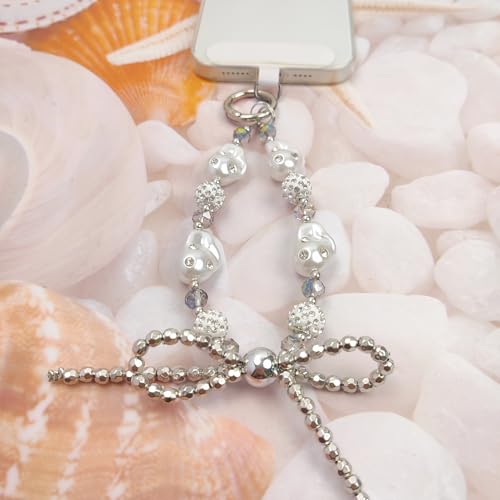 Cute Phone Wrist Strap Chic Beaded Cellphone Lanyard Phone Charm Grip Strap - color: Silver Pearls