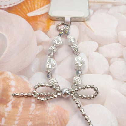 Cute Phone Wrist Strap Chic Beaded Cellphone Lanyard Phone Charm Grip Strap - color: Silver Pearls