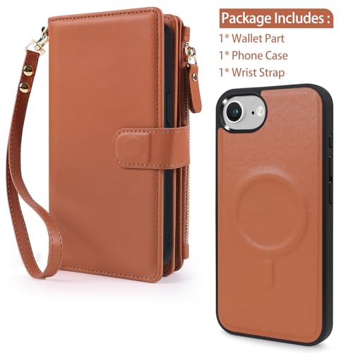 Magnetic Case for iPhone 16E Wallet Compatible with Magsafe RFID Blocking Card Holder Detachable Phone Cover Kickstand Snap Strap Zipper Pocket PU Leather (Brown) - color: Brown, size: iPhone 16e