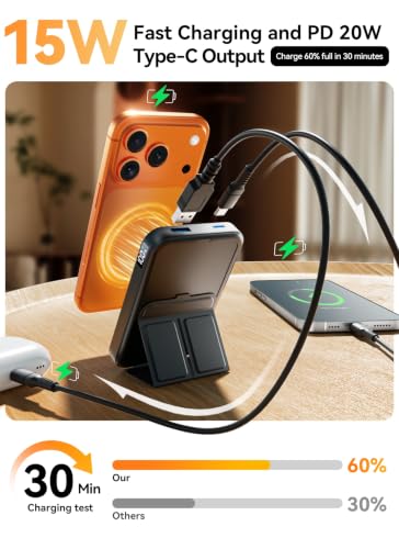 Magnetic Portable Charger, 10000mAh Power Bank with Leather Foldable Stand | Fast Charging, USB-C Cable, LED Display, Wireless Battery Pack for iPhone 17/16/15 All Series & AirPods, Deep Black
