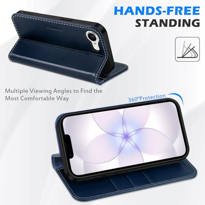 SHIELDON Real Leather Case Wallet for iPhone 17e/16e 6.1", Retro Dark Blue | Magnetic Closure, RFID Blocking, Credit Card Slot, Kickstand, Flip Book Design, Soft Shockproof Phone Cover - color: Retro Dark Blue