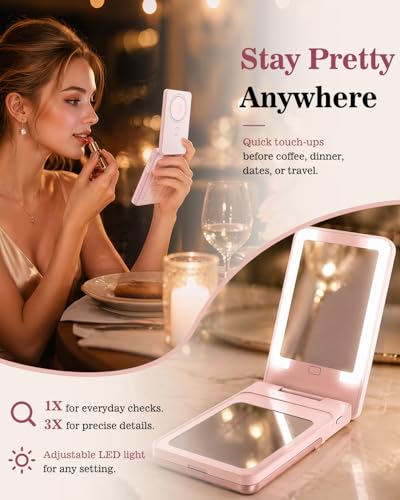 5-in-1 Magnetic Wireless Power Bank, 5000mAh Portable Charger with Mirror, Stand, Bluetooth Remote & Card Holder, MagSafe Compatible Travel Essential for iPhone&Samsung, USB-C Cable Included, Pink