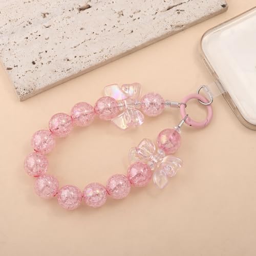 Bow Phone Chain Wrist Strap, Cute Iphone Cellphone Case Wristlet Keychain - color: Pink