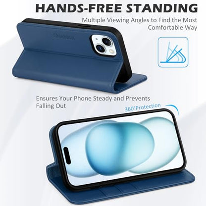 SHIELDON Genuine Leather Case Wallet for iPhone 15 6.1" 2023, Royal Blue | Folio Magnetic Closure, RFID Blocking, Credit Card Holder, Kickstand, Shock Absorbing Protective Cover - color: Royal Blue