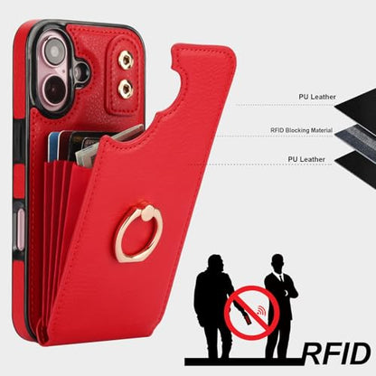 Folosu Compatible with iPhone 16 Case Wallet with Card Holder, 360°Rotation Finger Ring Holder Kickstand, RFID Blocking Leather Protective Double Buttons Shockproof Cover 6.1 Inch Red - color: Red
