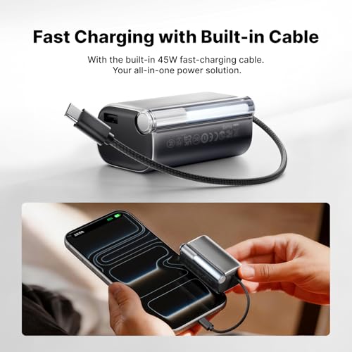 sharge 45W Mini Portable Charger 10000mAh Power Bank with Built-in Cable - color: White