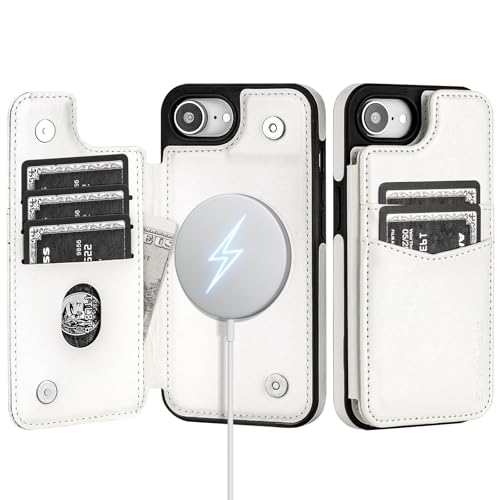 SkyEagle Compatible with MagSafe iPhone 17e / 16e Case Wallet,White | Magnetic Clasp,RFID Blocking,PU Leather,Flip Folio Shockproof Phone Cover,with Credit Card Slots & Kickstand for Men & Women - color: White