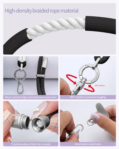 3 in 1 Luxury Phone Lanyard, Adjustable Crossbody Neck Strap & Short Wrist Strap, Anti-Lost Anti-Theft Detachable Phone Chain, Versatile Shoulder Phone Sling for All Cell Phones(Black) - color: Black
