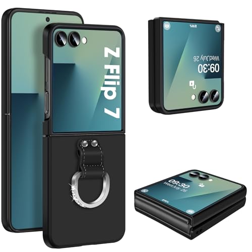 Z Flip 7 Case for Samsung Galaxy Z Flip7 5G, Ring Case for Women Silky Touch Slim Hard PC Matte Back Cover Ultra Thin Z Flip 7 Phone Case Anti-Scratch Protective Cases for Samsung Z Flip 7 5G (Black) - color: Black