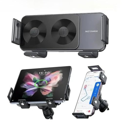 Dual Coil Fold Screen 15W Car Wireless Charger Phone Holder Stand Mount for iPhone 17 16 15 14 13 12 Pro Max Samsung Galaxy Z Fold 7 6 5 4 S24 (Standard(NO Sucker))