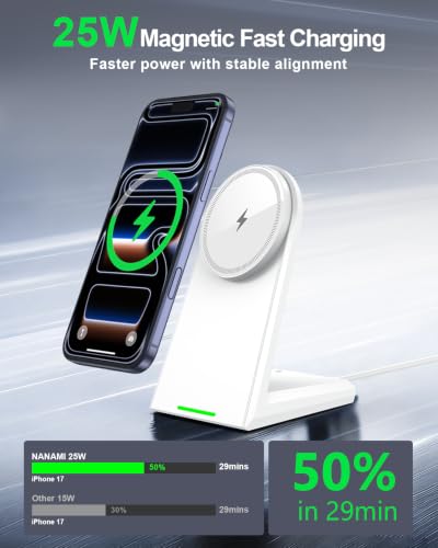 NANAMI 25W Wireless Charger Stand for iPhone 18/17/16 with Auto-Dimming LED - color: White