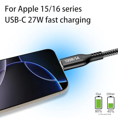 15FT 100W USB-C to USB-C Cable PD Fast Charging Cable Nylon Black - color: Black, size: 15FT