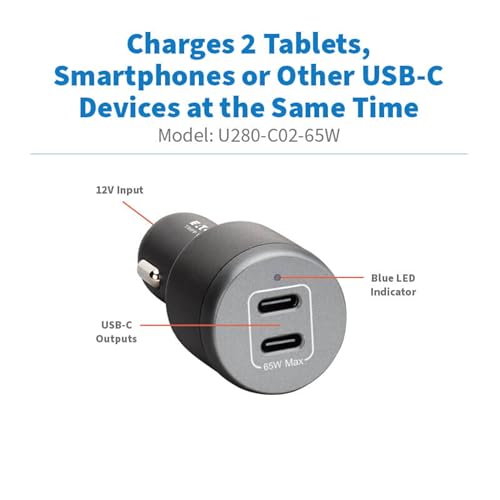 Eaton Tripp Lite Series 65W USB C Car Charger Cigarette Lighter Adapter, 2 USB-C Ports, Power Delivery (PD) 3.1 and PPS Charging, Fasting Charging for iPhone, Galaxy, Pixel & More (U280-C02-65W)
