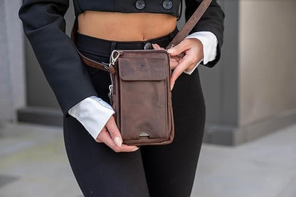 Ferrara Premium Leather Crossbody Phone Purse - Unisex Crossover Sling Shoulder Bag with Card Holder & Adjustable Strap - color: Dark Brown